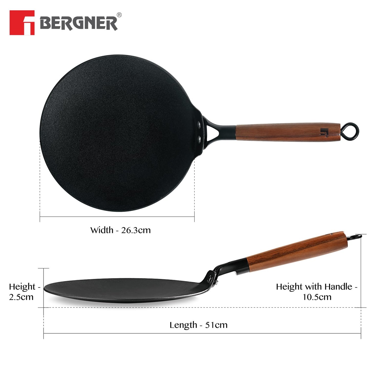 BERGNER Odin Cast Iron Roti Tawa with Wooden Coated Handle, Loha Roti Tawa, for Chapatis/Rotis/Parathas, Rust Proof and Lightweight Iron, Enamel Finish - Induction Bottom and Gas Stove Ready