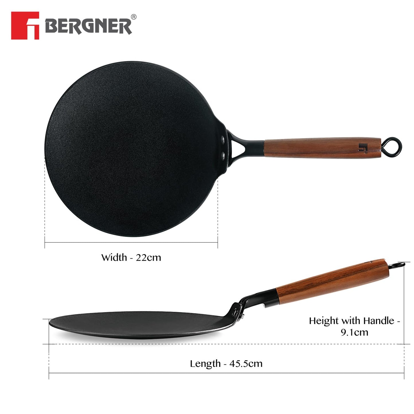 BERGNER Odin Cast Iron Roti Tawa with Wooden Coated Handle, Loha Roti Tawa, for Chapatis/Rotis/Parathas, Rust Proof and Lightweight Iron, Enamel Finish - Induction Bottom and Gas Stove Ready
