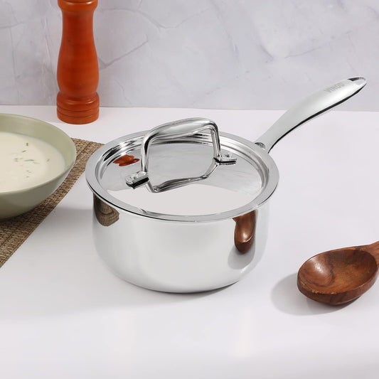 Vinod Platinum Triply Stainless Steel Saucepan with Lid  | 2.5 mm Thick | Tea, Chai Pan | 5 Year Warranty | Induction & Gas Friendly, Heavy Bottom - Silver