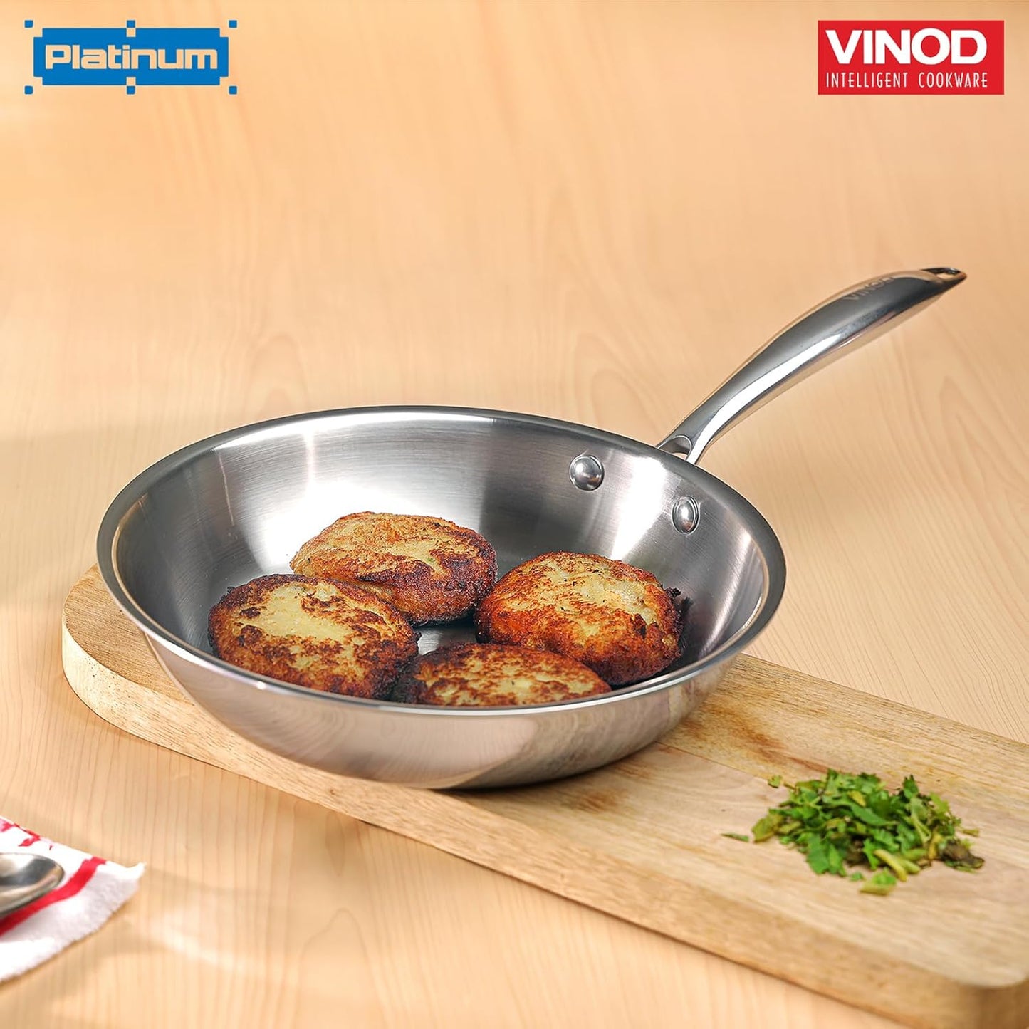 Vinod Platinum Triply Stainless Steel Frypan | 2.5 mm Thick | Steel Pan | Scratch Resistant, Non Toxic | 5 Year Warranty | Induction & Gas Friendly, Heavy Bottom
