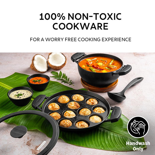 Tramontina Titanex 26 cm Pre-Seasoned Cast Iron Paniyaram/Appe Pan – 12 Pits, Non-Toxic, Induction Ready, Toughned Glass Lid w/Steam Release Lining, Snap-on Cool Touch Grips, Superior Heat Retention
