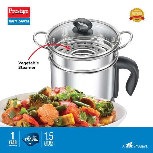 Prestige 1.5L PMC 3.0 Plus Multi Kettle/Multi Cooker|Comes with Idli stand, egg boiling rack & Steamer| Glass Lid with Stainless Steel rim|Temperature Control |Power Indicator (Silver, Black)