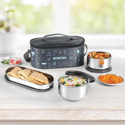 Borosil Carry Fresh Stainless Steel Lunchbox | 3pc Set (280ml x 2 + 475ml x 1 Chapati Dabba) | Tiffin for Office, School & College with Food Grade Steel | Leakproof & Dishwasher Safe
