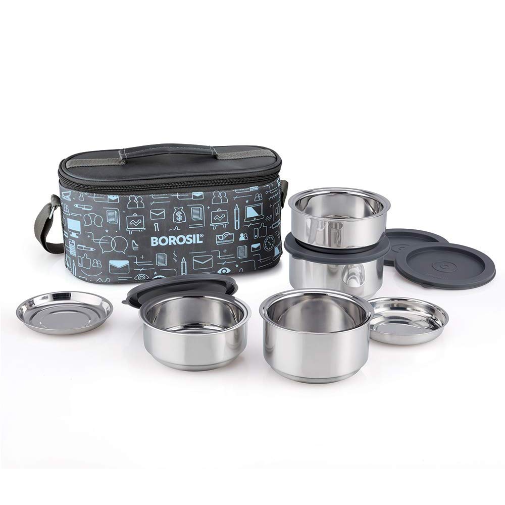 Borosil Carry Fresh Stainless Steel Lunchbox | 4pc Set (280 ml x 2 + 180 ml x 2) | Tiffin for Office, School & College with Food Grade Steel | Leakproof & Dishwasher Safe | 1 Year Warranty