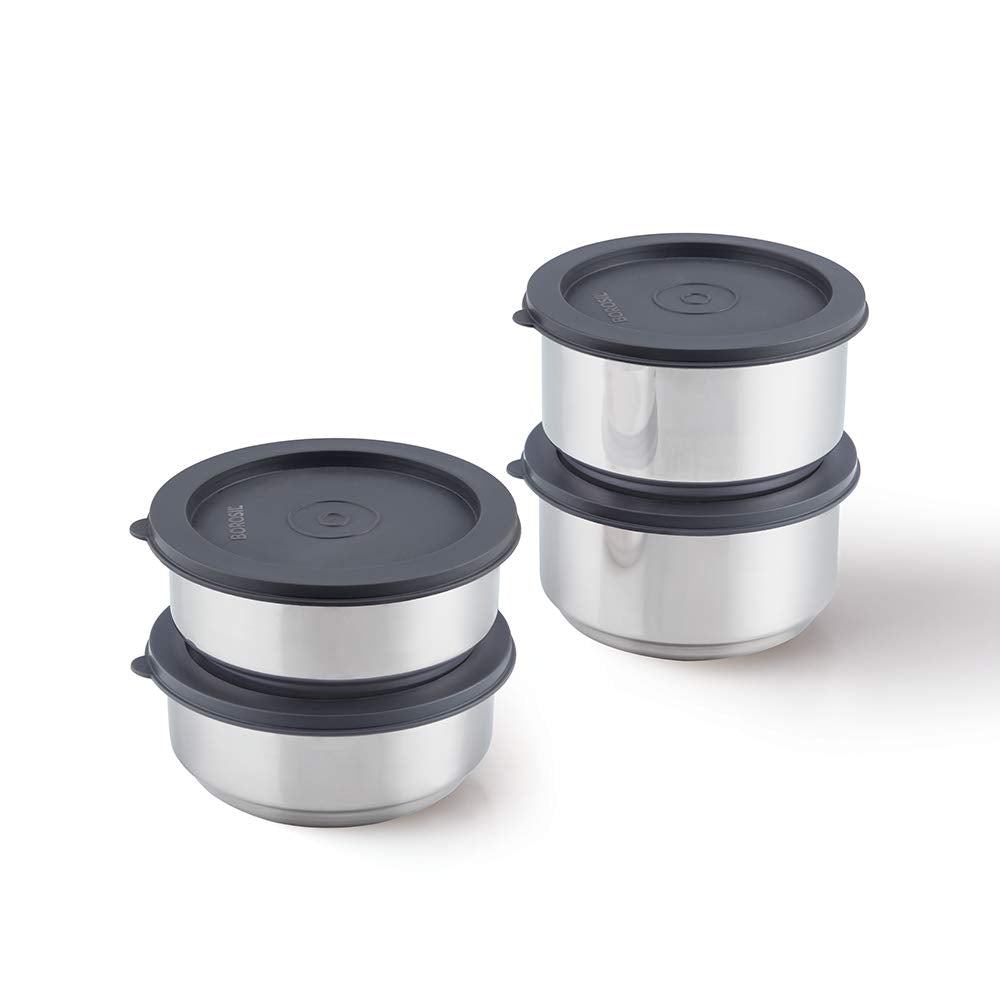 Borosil Carry Fresh Stainless Steel Lunchbox | 4pc Set (280 ml x 2 + 180 ml x 2) | Tiffin for Office, School & College with Food Grade Steel | Leakproof & Dishwasher Safe | 1 Year Warranty