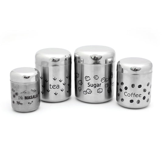 Coconut Stainless Steel Multipurpose Kitchen Accessories Canisters/Container for Storage Tea Coffee Sugar & Masala (Matt Finish) - 4 PC Set
