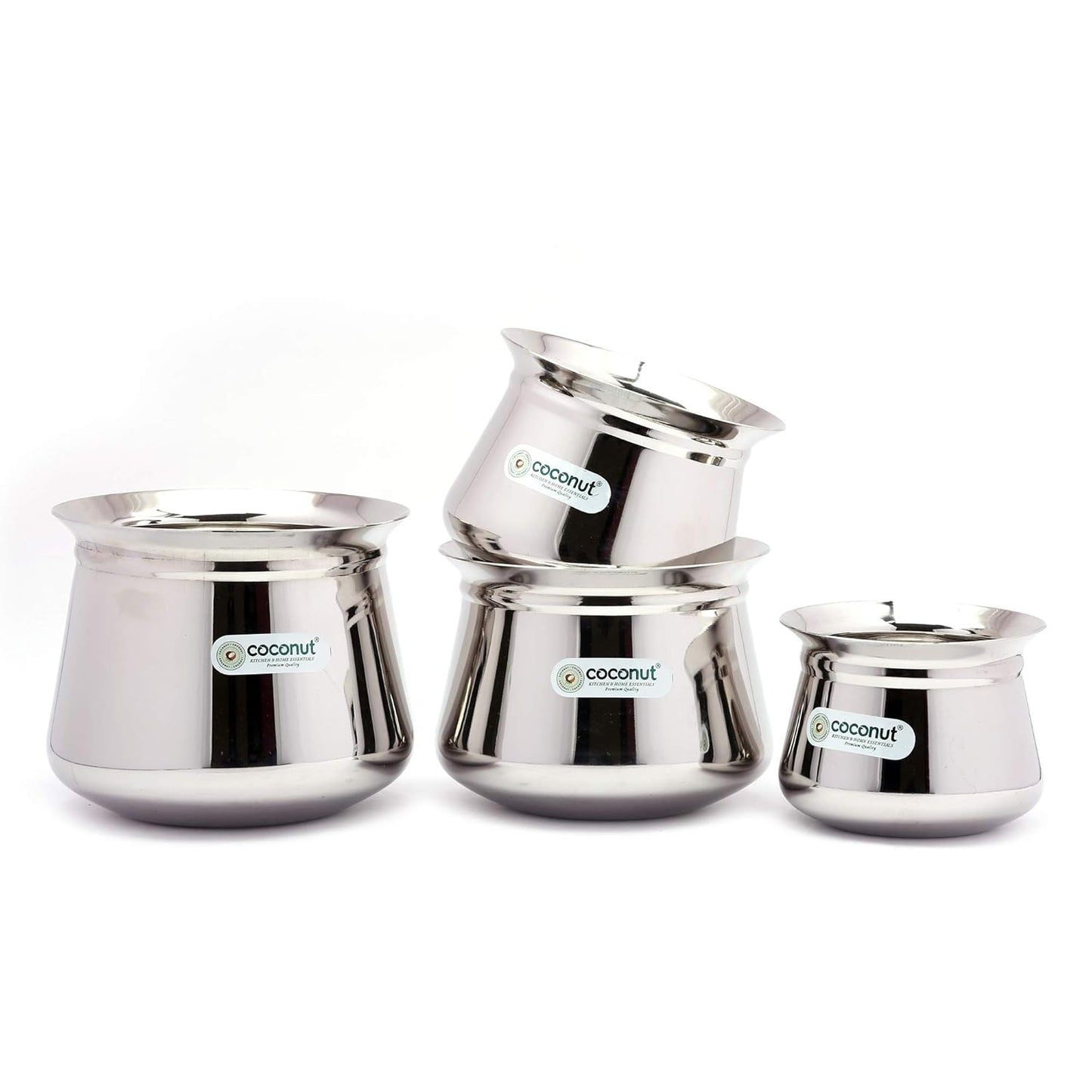 Coconut Stainless Steel - Cookware/Temple Handi - Set of 4 - Capacity - 600/750 / 1500/2000 ML - Diameter - 4.25, 5, 5.5 & 6 Inches