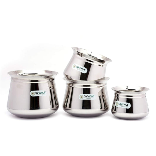 Coconut Stainless Steel - Cookware/Temple Handi - Set of 4 - Capacity - 600/750 / 1500/2000 ML - Diameter - 4.25, 5, 5.5 & 6 Inches