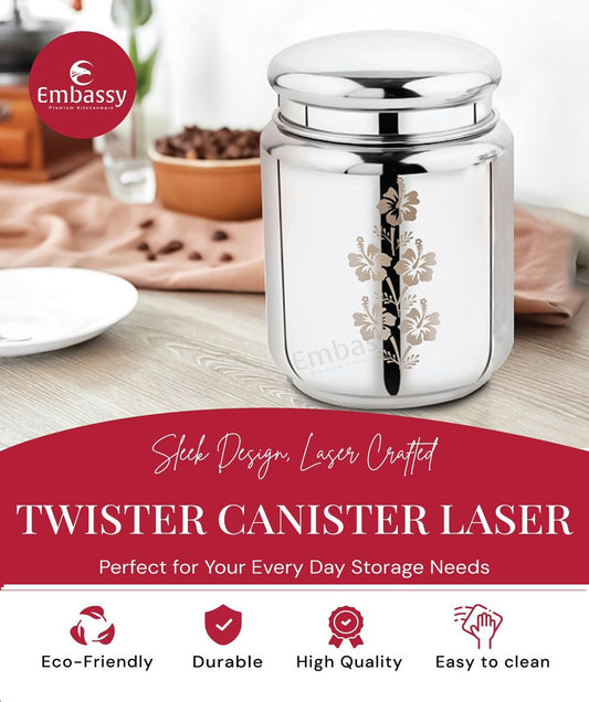 Embassy Stainless Steel Sleek Design Laser Crafted Twister Canister - Silver with Laser Design finish