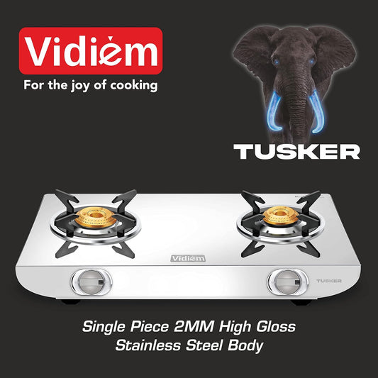Vidiem Gas Stove S2 234 A Tusker (Silver) | Stainless Steel 2 Burner Gas Stove | Manual Ignition | Safety, Reliability, High Efficiency | ISI Certified