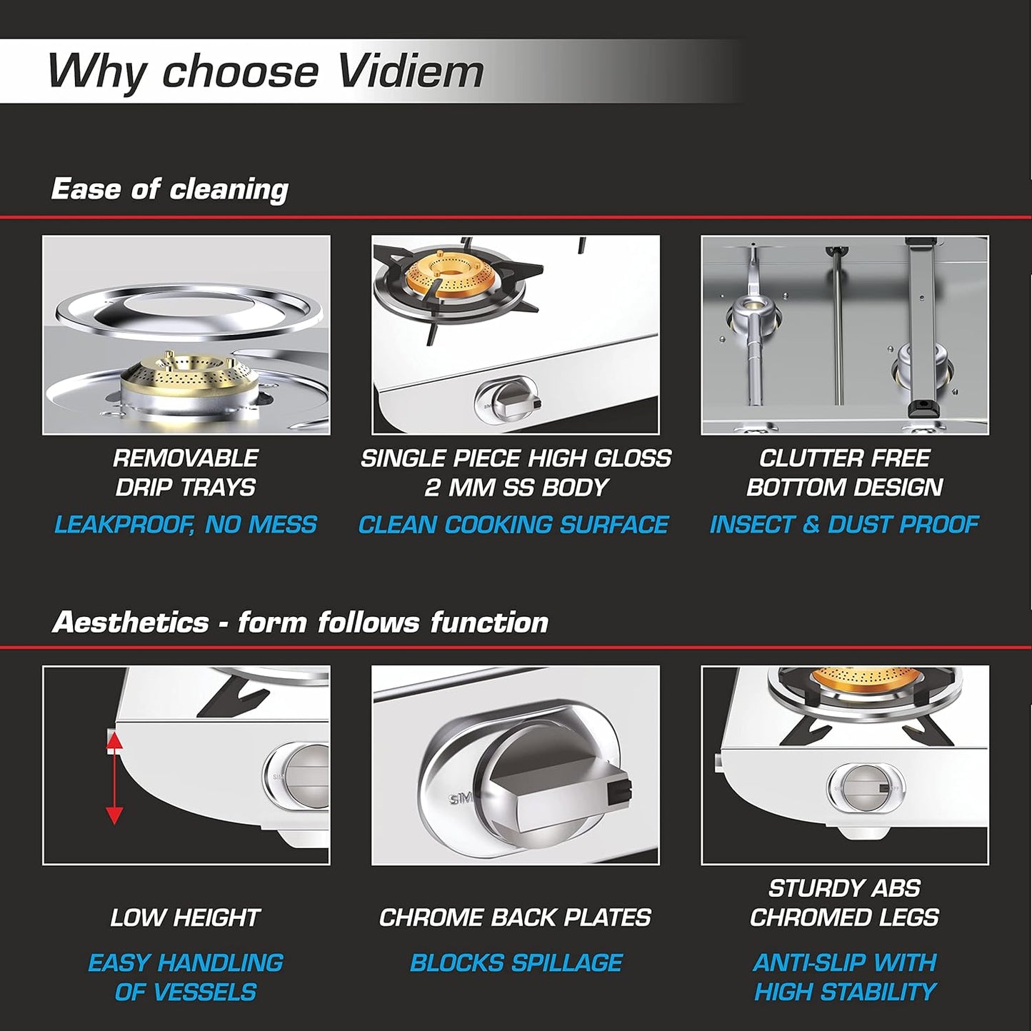 Vidiem Gas Stove S4 236 A Tusker (Black) | Stainless Steel 4 Burner frameless Gas Stove | Manual Ignition | Safety, Reliability, High Efficiency
