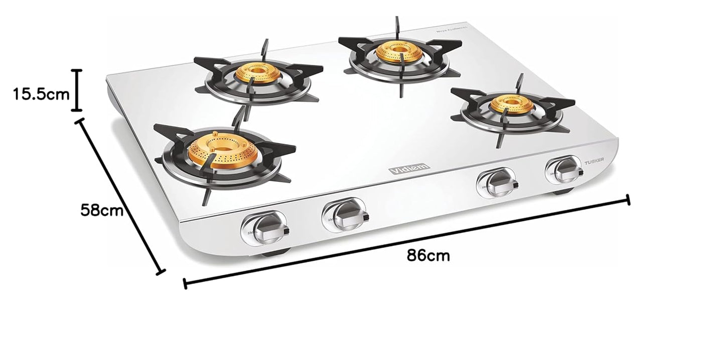 Vidiem Gas Stove S4 236 A Tusker (Black) | Stainless Steel 4 Burner frameless Gas Stove | Manual Ignition | Safety, Reliability, High Efficiency