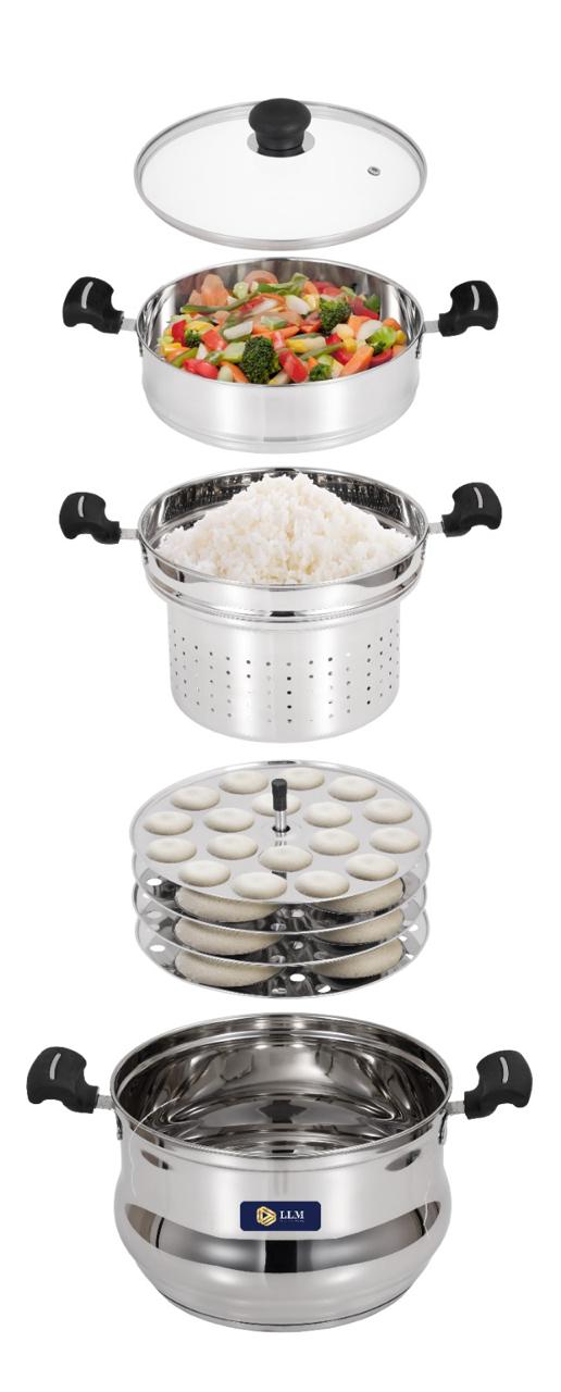 LLM LLM 5 in 1 Multi Propose Steamer with Idly pltaes, steamer Bowl & Rice Bowl Induction & Standard Idli Maker  (4 Plates , 30 Idlis )