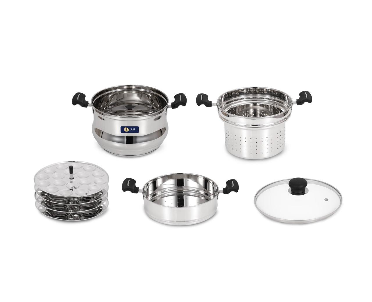 LLM LLM 5 in 1 Multi Propose Steamer with Idly pltaes, steamer Bowl & Rice Bowl Induction & Standard Idli Maker  (4 Plates , 30 Idlis )