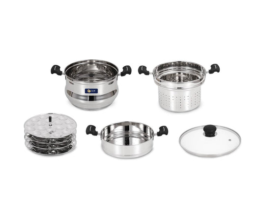 LLM LLM 5 in 1 Multi Propose Steamer with Idly pltaes, steamer Bowl & Rice Bowl Induction & Standard Idli Maker  (4 Plates , 30 Idlis )