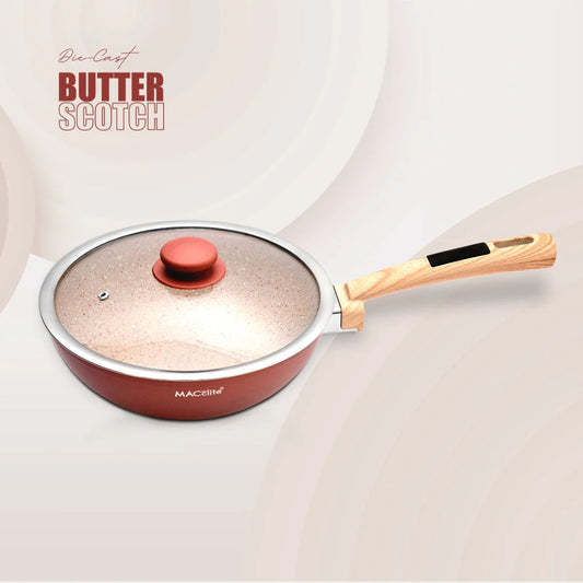 MACclite Butter Scotch Die Cast Non Stick Wok- Kadai With Glass Lid, Induction Base