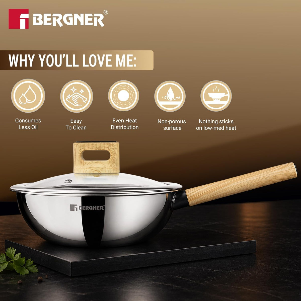 Berger TRI-Oak Wok with Glass Lid