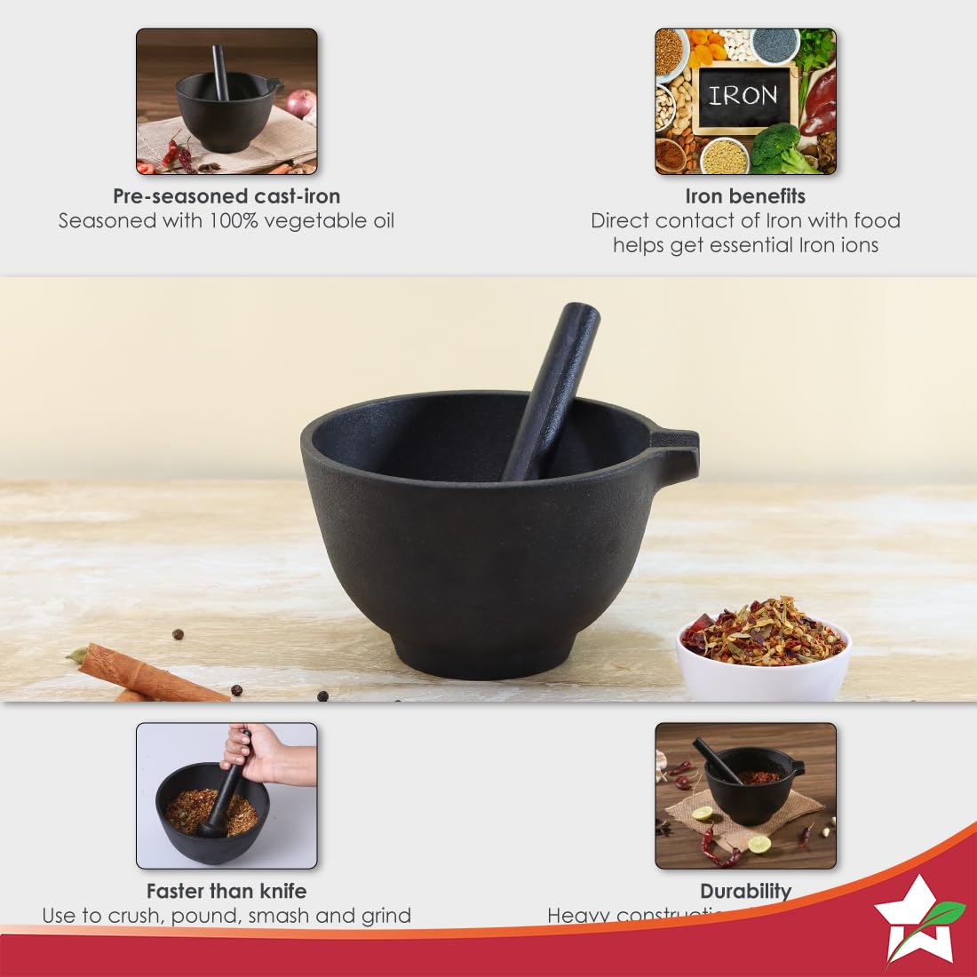 Wonderchef Forza Pre-Seasoned Cast-Iron Mortar & Pestle| Silbatta |Spice, Medicine Grinder Masher| Okhli/Musal/Khalbatta | Ideal for Hand Grinder