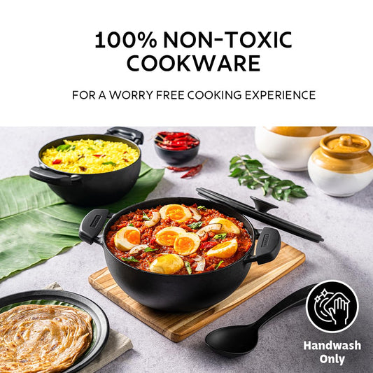 TRAMONTINA Titanex Pre-Seasoned Cast Iron Deep Kadai, Non-Toxic, Induction Ready, Toughned Glass Lid w/Steam Release, Snap-On Cool Touch Grips, Excellent Heat Retention & Even Heating