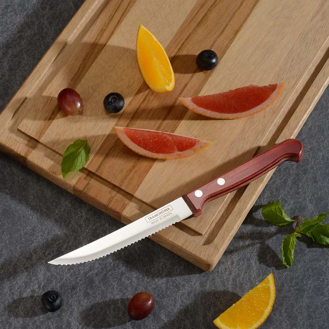 Polywood 5 Inch Steak & Fruit Knife | Serrated Stainless Steel Blade | Heat & Impact Resistant Wooden Handle | Red