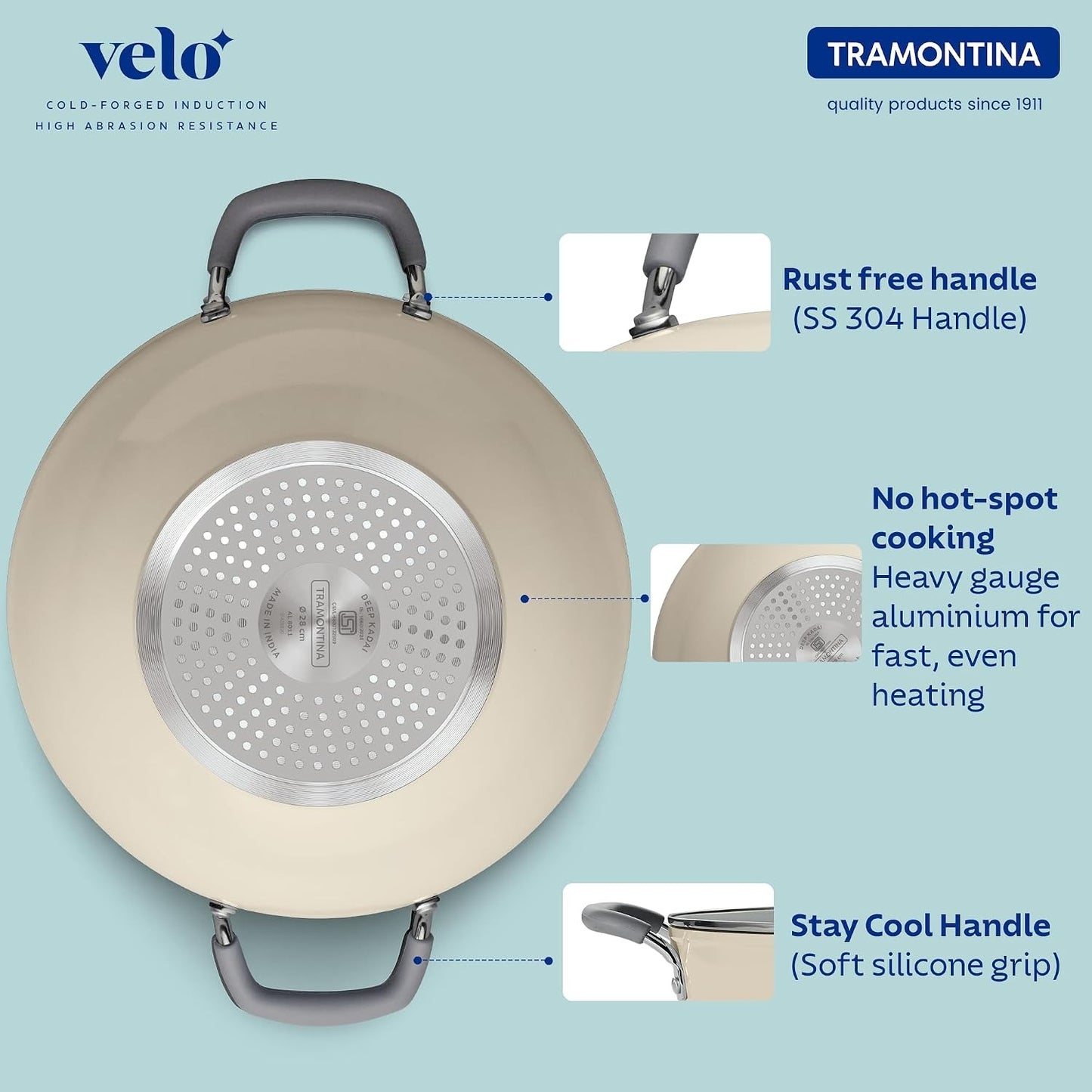 Tramontina Velo Deep Kadai with Flat Glass Lid