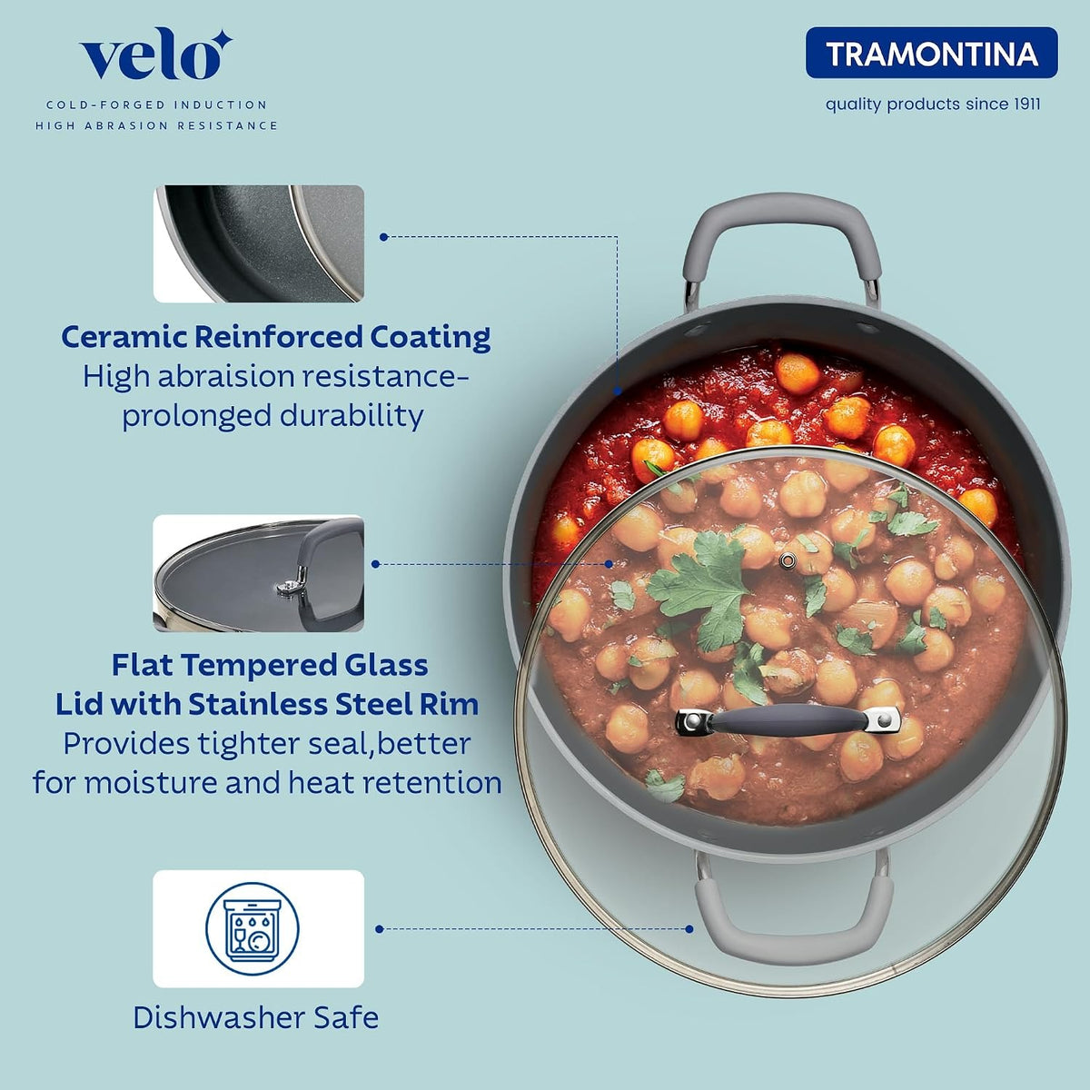 Tramontina Velo Deep Kadai with Flat Glass Lid