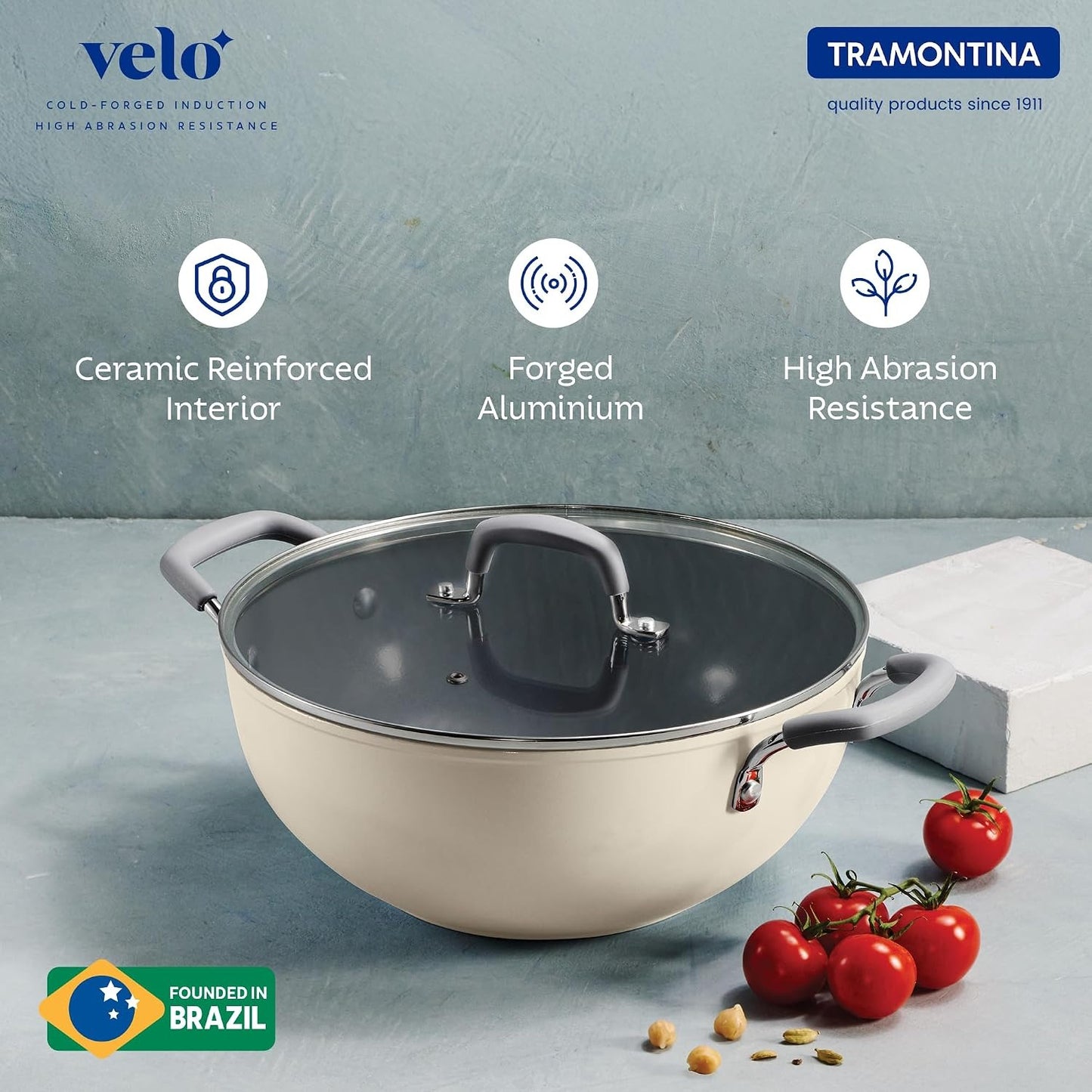 Tramontina Velo Deep Kadai with Flat Glass Lid