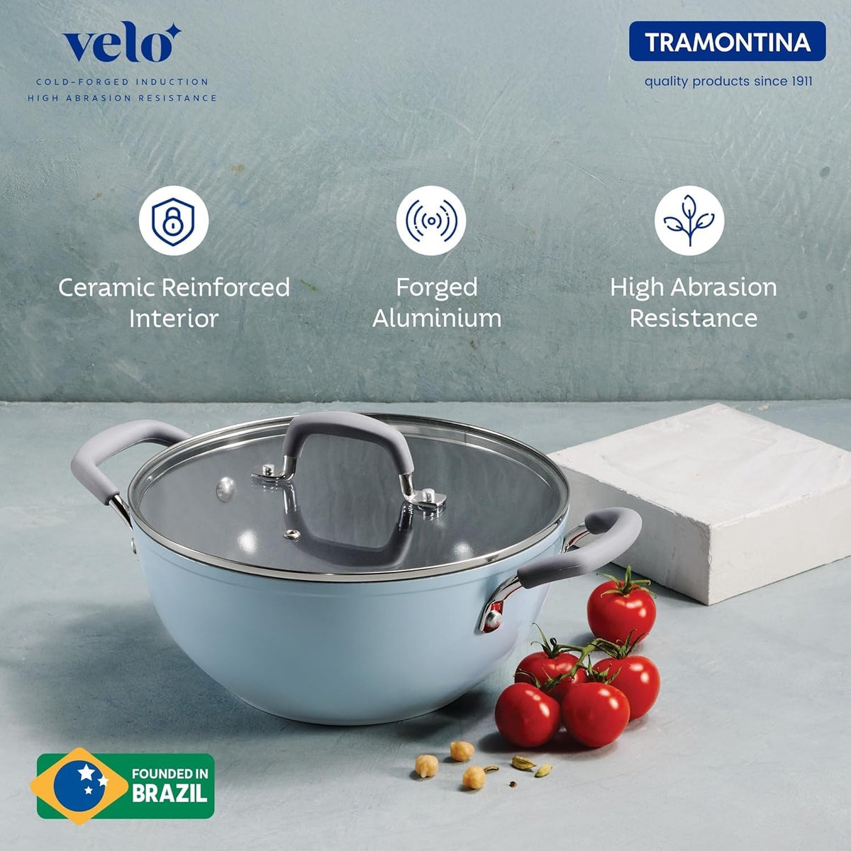 Tramontina Velo Deep Kadai with Flat Glass Lid