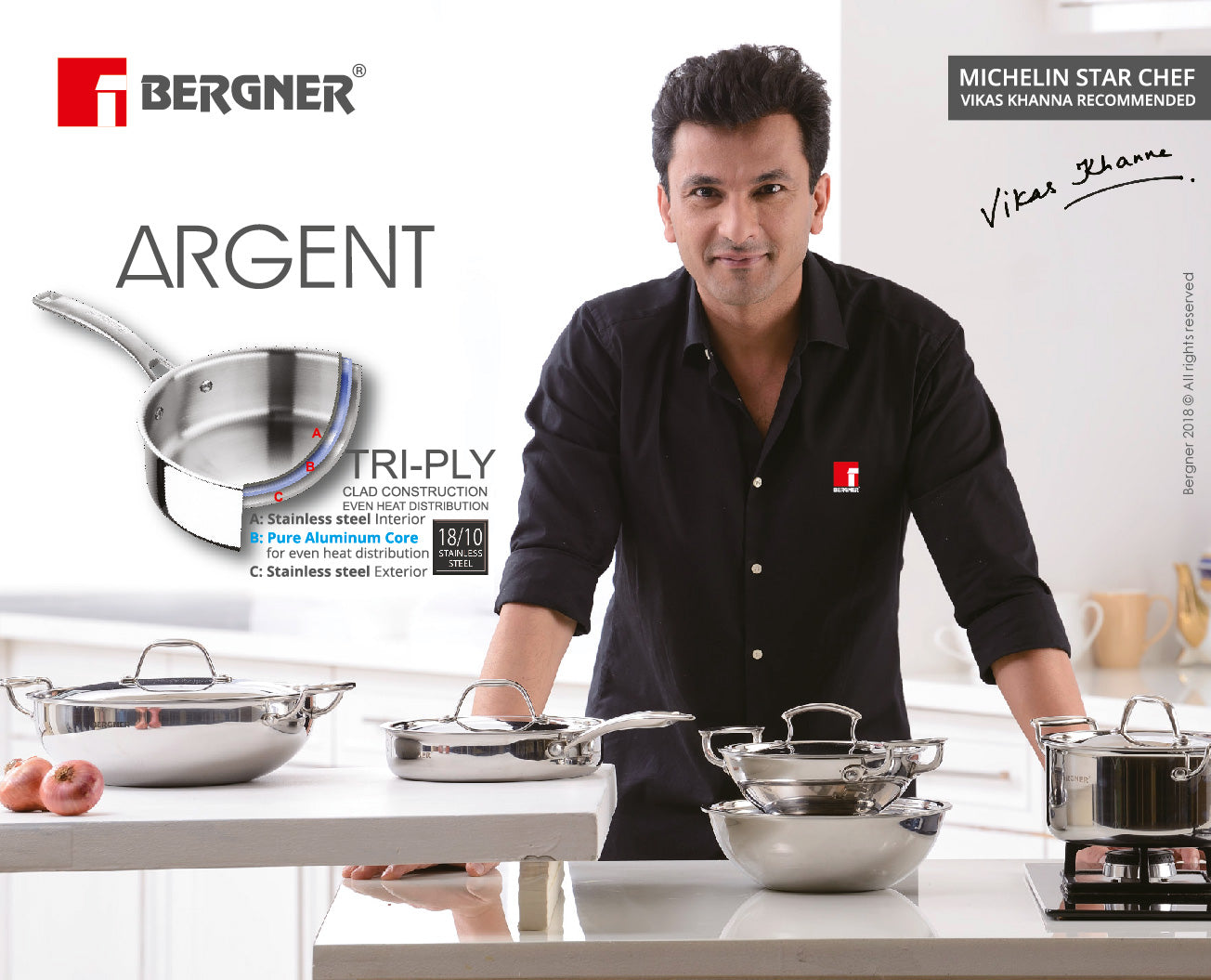 Bergner Argent Triply Stainless Steel Kadhai With Lid 18cm