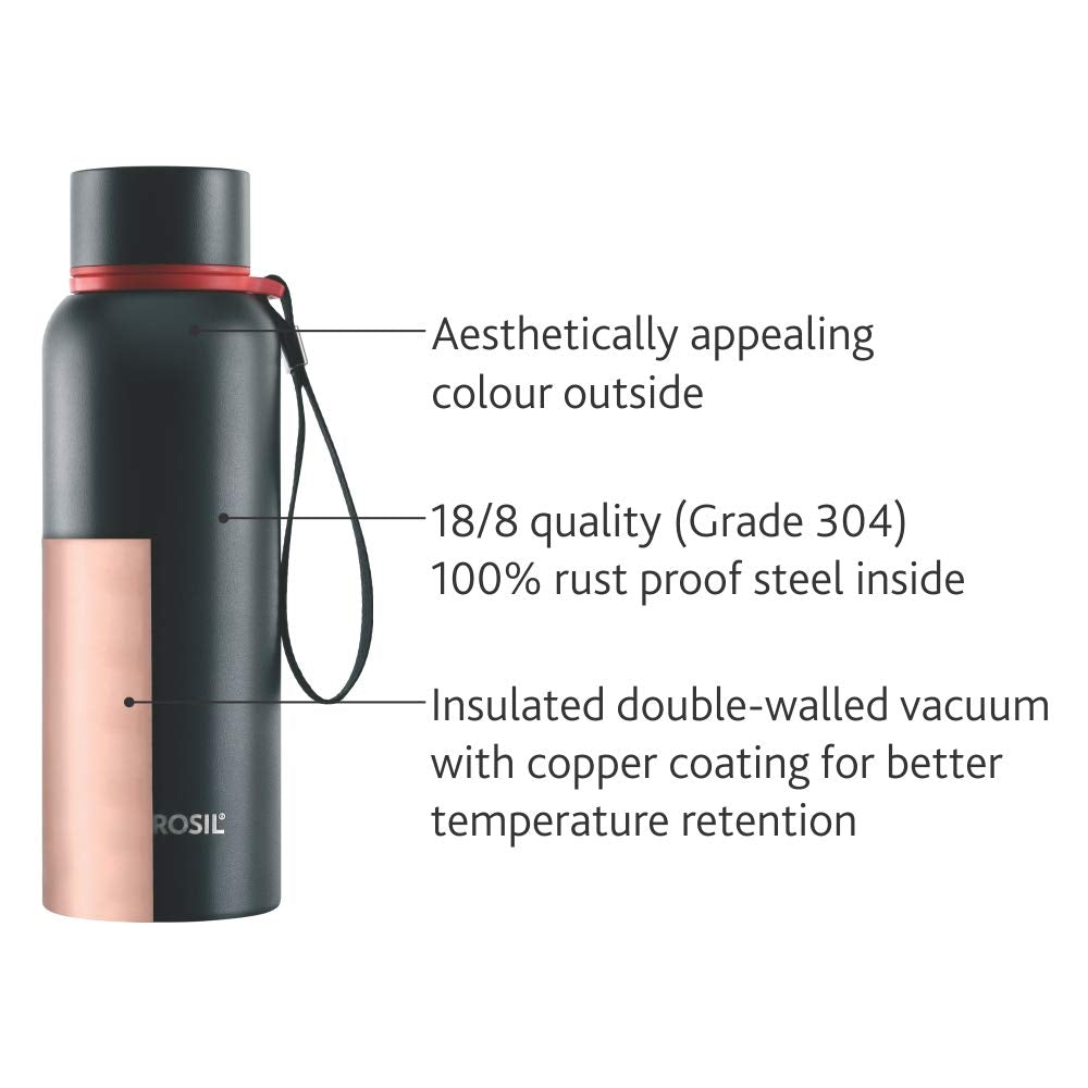 Borosil Stainless Steel Hydra Trek - Vacuum Insulated Flask Water Bottle, 850 ML, Black