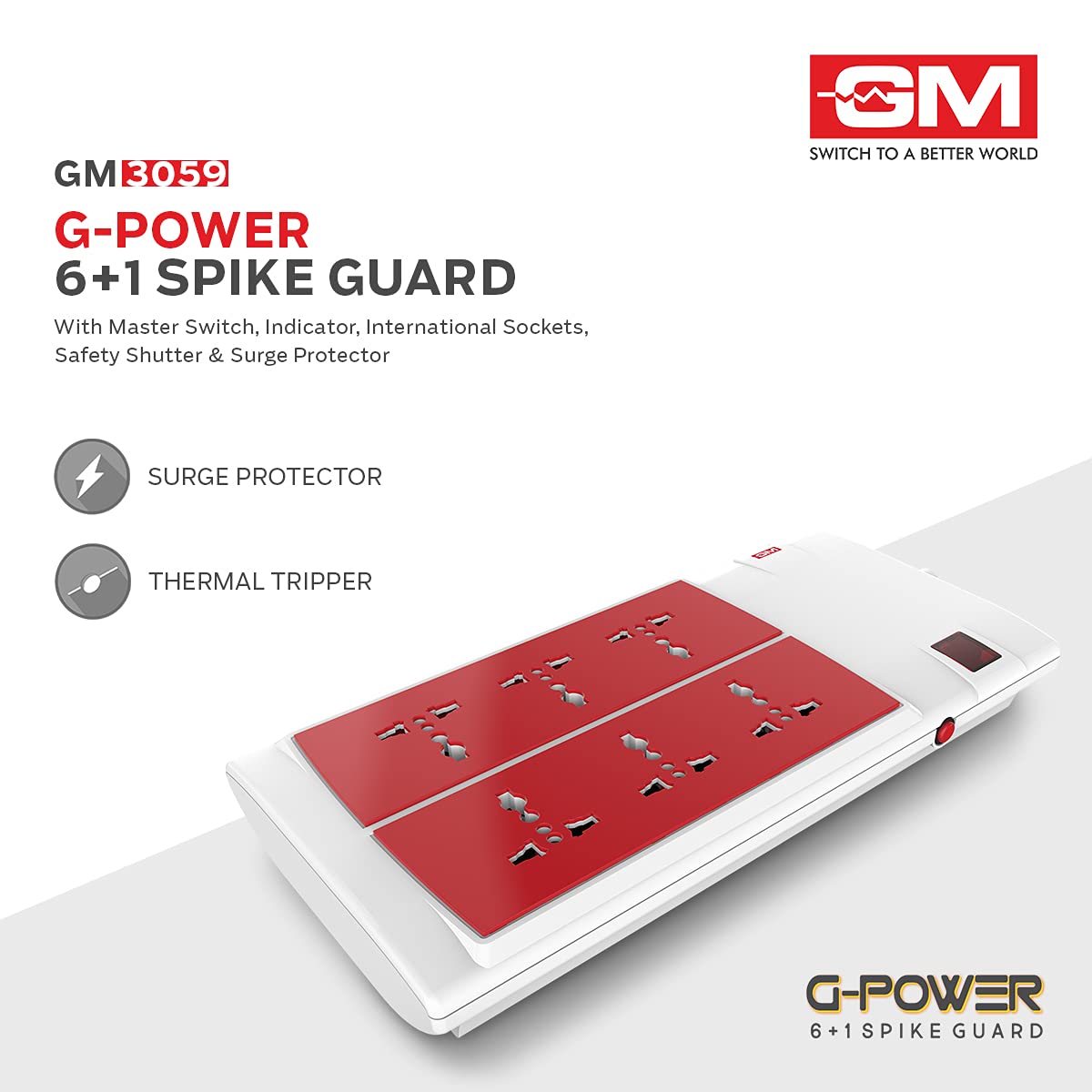 GM 3059 G-Power 6+1 Spike Adaptor with Master Switch, Indicator, Safety Shutter, International Sockets & Surge Protector