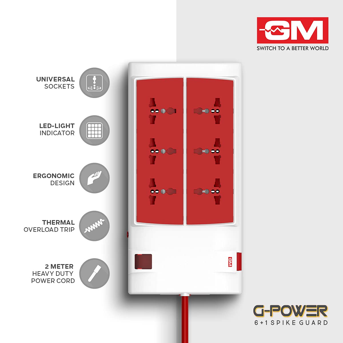 GM 3059 G-Power 6+1 Spike Adaptor with Master Switch, Indicator, Safety Shutter, International Sockets & Surge Protector