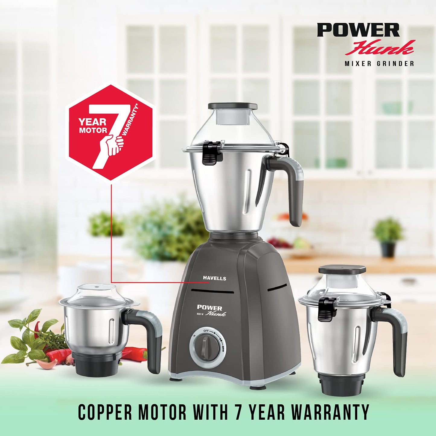 Havells Power Hunk 800 watt Mixer Grinder with 3 Wider mouth Stainless Steel Jar, Hands Free operation, SS-304 Grade Blade & 7 year motor warranty (Grey)