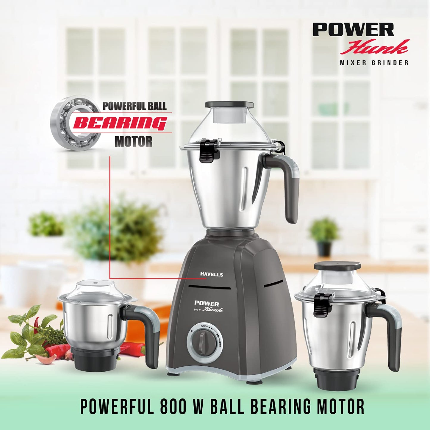 Havells Power Hunk 800 watt Mixer Grinder with 3 Wider mouth Stainless Steel Jar, Hands Free operation, SS-304 Grade Blade & 7 year motor warranty (Grey)