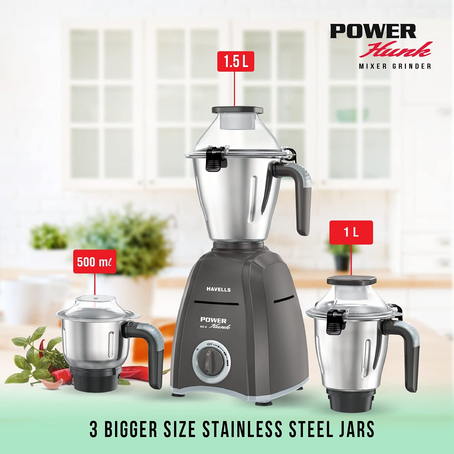 Havells Power Hunk 800 watt Mixer Grinder with 3 Wider mouth Stainless Steel Jar, Hands Free operation, SS-304 Grade Blade & 7 year motor warranty (Grey)