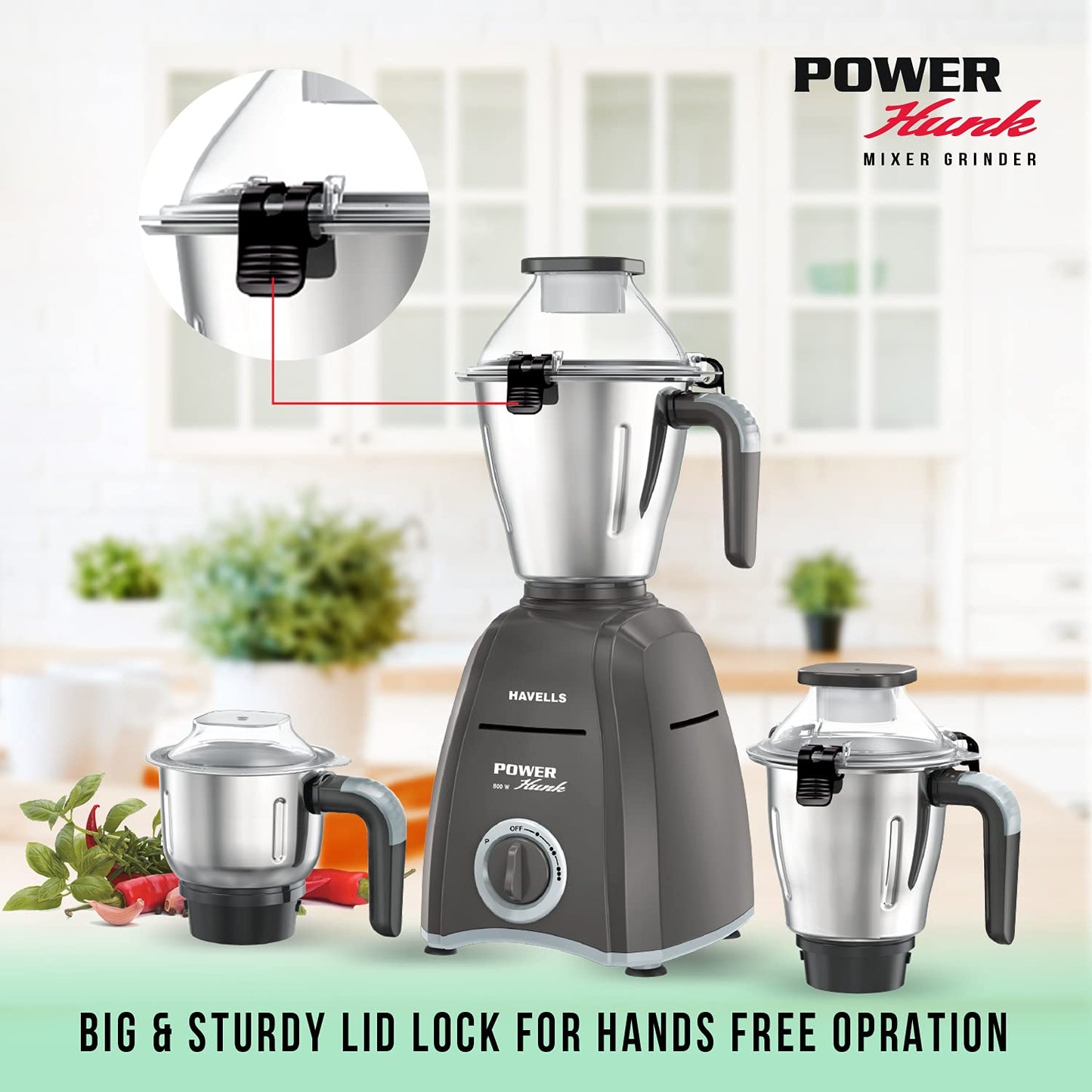 Havells Power Hunk 800 watt Mixer Grinder with 3 Wider mouth Stainless Steel Jar, Hands Free operation, SS-304 Grade Blade & 7 year motor warranty (Grey)