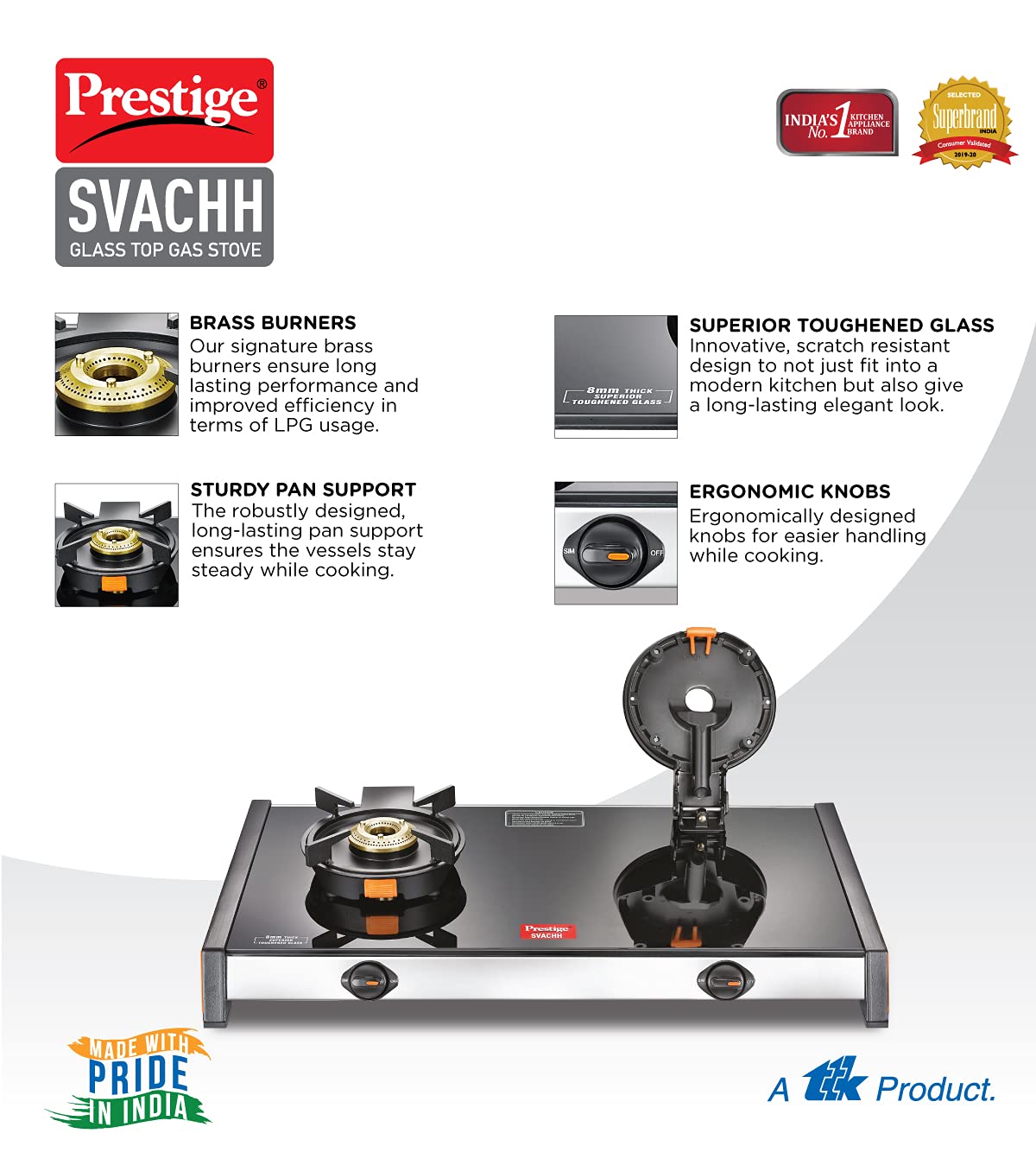 Prestige Svachh GTSV-02 Glass top LP Gas Table, 2 Burner, With Liftable Burner Set