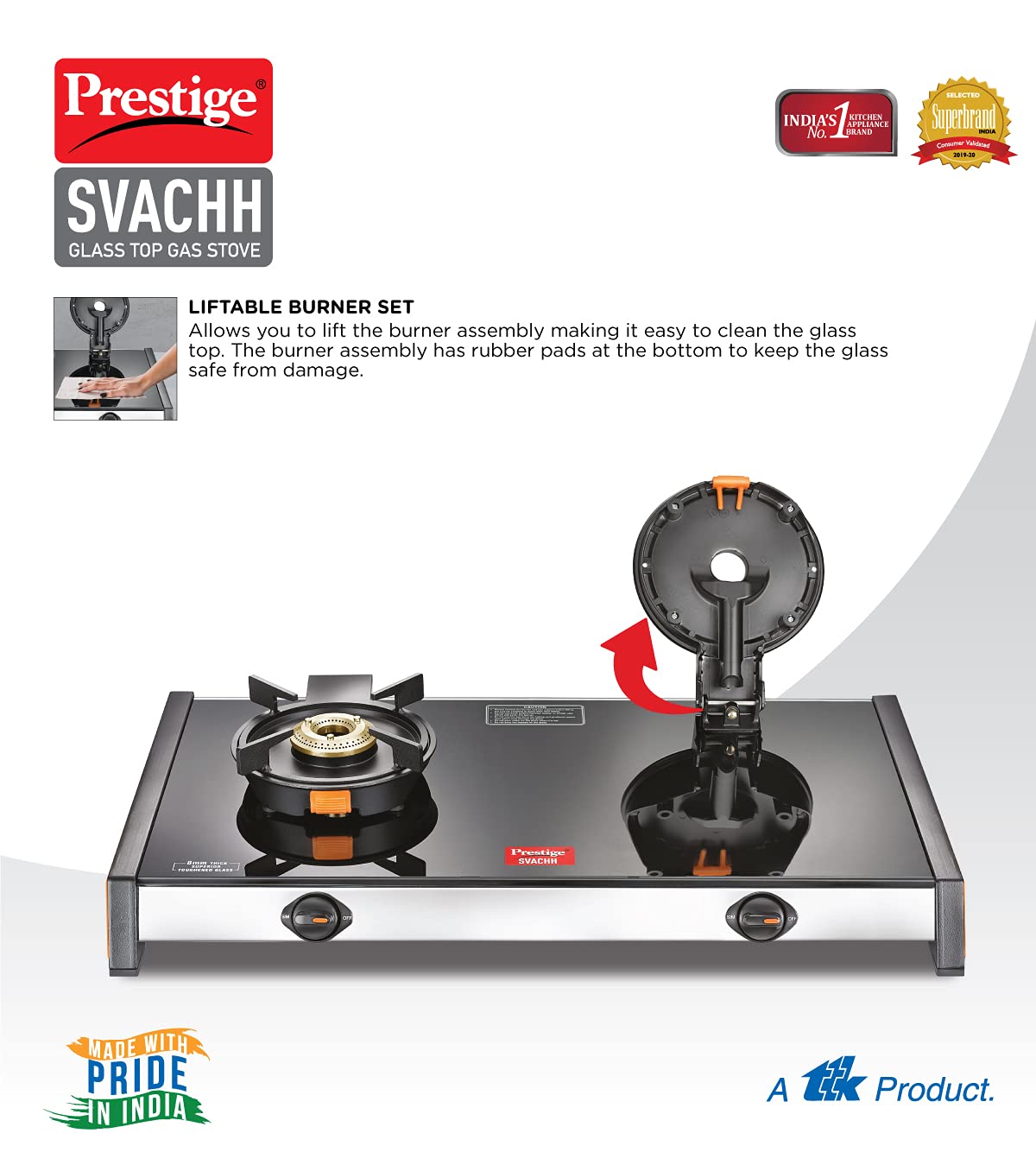 Prestige Svachh GTSV-02 Glass top LP Gas Table, 2 Burner, With Liftable Burner Set