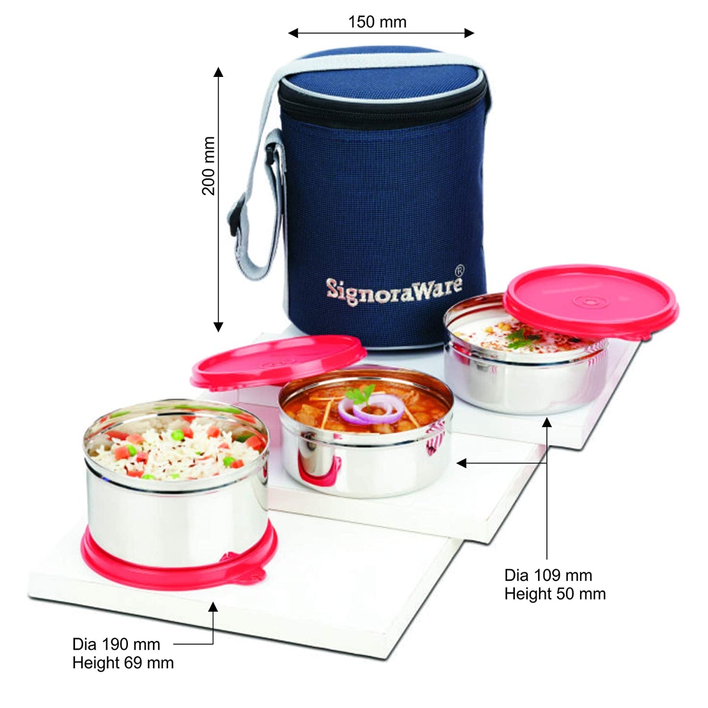 Signoraware Executive Stainless Steel Lunch Box Set, Set of 3, Blue