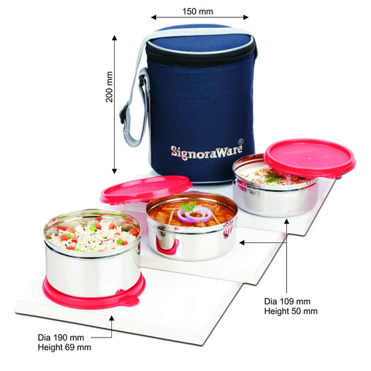Signoraware Executive Stainless Steel Lunch Box Set, Set of 3, Blue