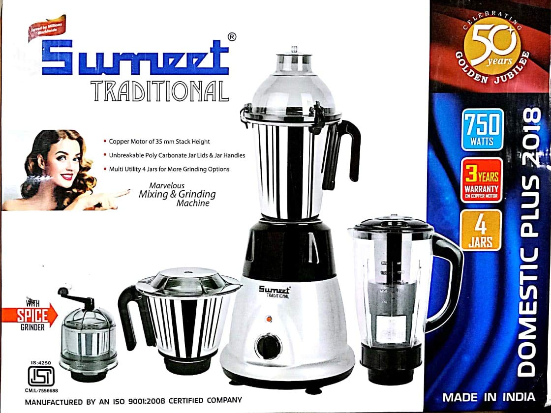 Sumeet Traditional Domestic Plus 2018 750W Mixer Grinder with 4 Jars, White