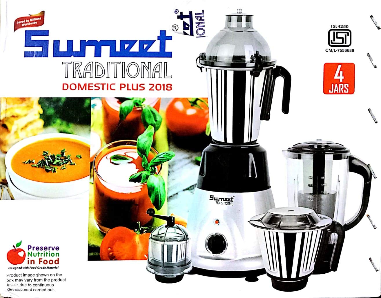 Sumeet Traditional Domestic Plus 2018 750W Mixer Grinder with 4 Jars, White