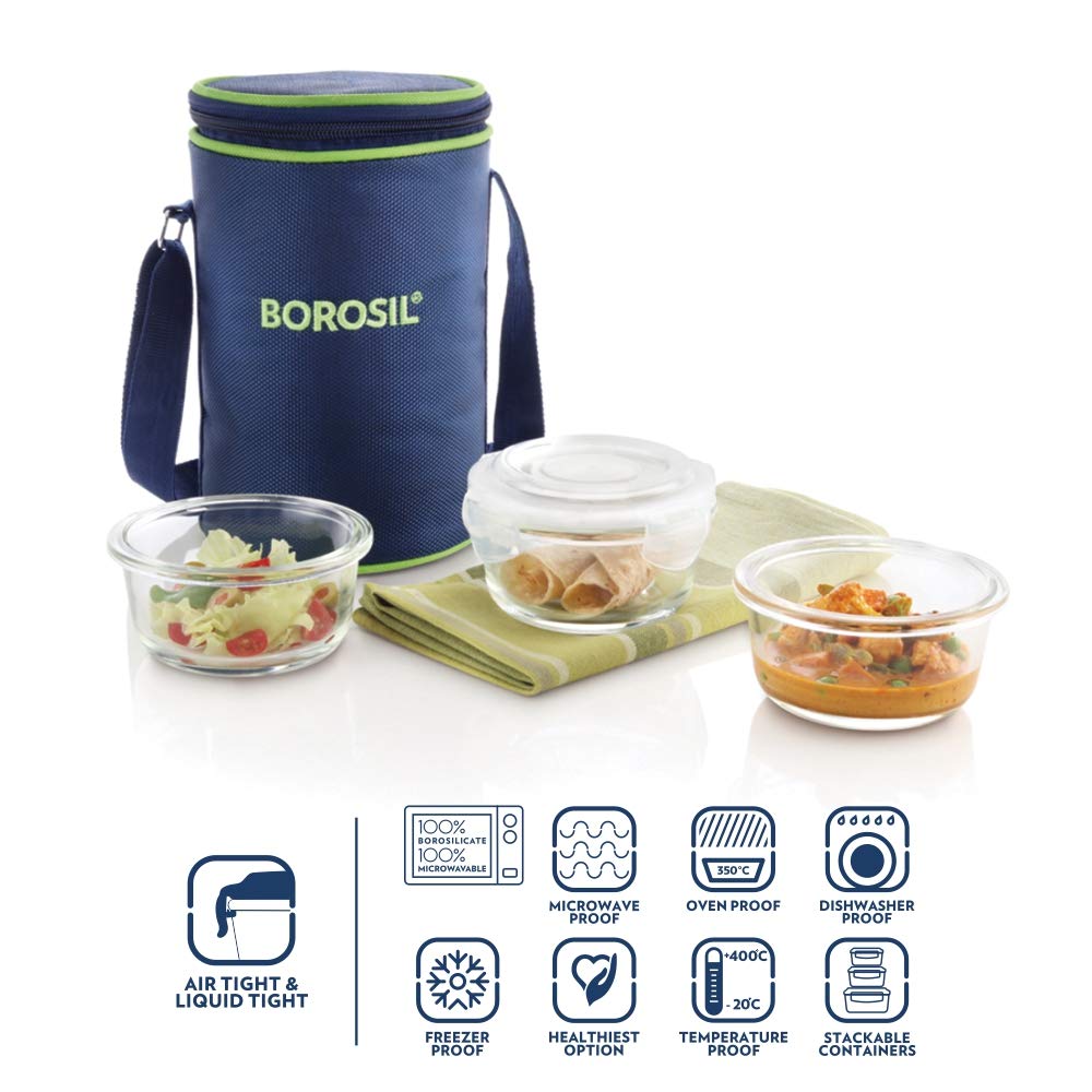 Borosil Borosilicate Glass Lunch Box Set of 3, 240 Safe office Tiffin, Blue, Transparent