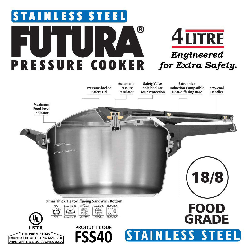 Futura Stainless Steel Induction Compatible Pressure Cooker, 4 Litre, Silver (FSS40)