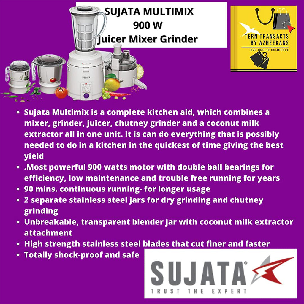Sujata Multimix, Mixer Grinder with Juicer & Coconut Milk Extractor Attachment, 900 Watts, 3 Jars, (White)