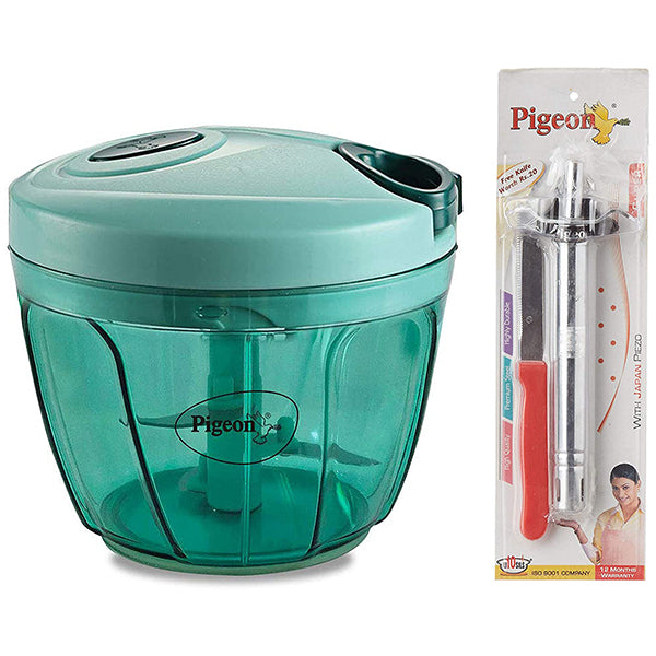 Pigeon by Stovekraft Large Handy and Compact Chopper with 3 Blades for effortlessly Chopping Vegetables and Fruits for Your Kitchen & Pigeon Gas Lighter Super with Stand & Free Knife