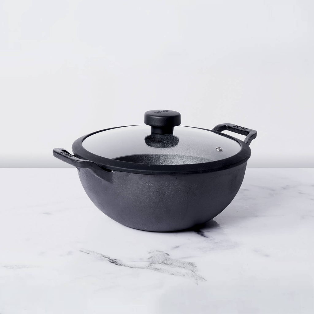 Meyer Pre-Seasoned Cast Iron 24cm Deep Kadai/Wok With Glass Lid