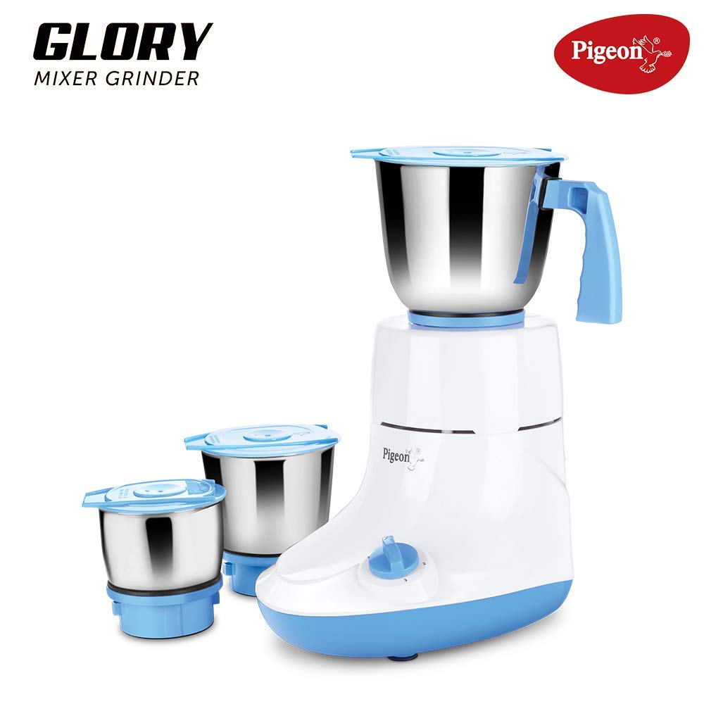Pigeon by Stovekraft Glory 550 Watt Mixer Grinder with 3 Stainless Steel Jars for Dry Grinding, Wet Grinding and Making Chutney, white (14430)