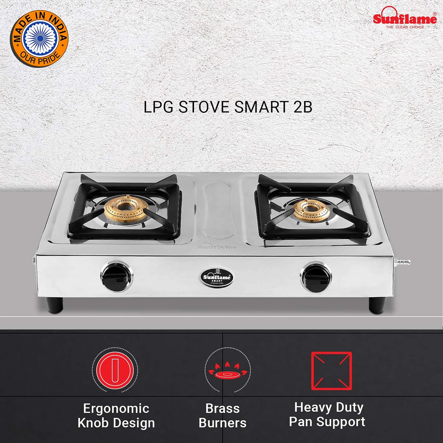 Sunflame 2B - Stainless Steel 2 Burner Gas Stove (Manual Ignition, 2 Brass Burners, Silver)