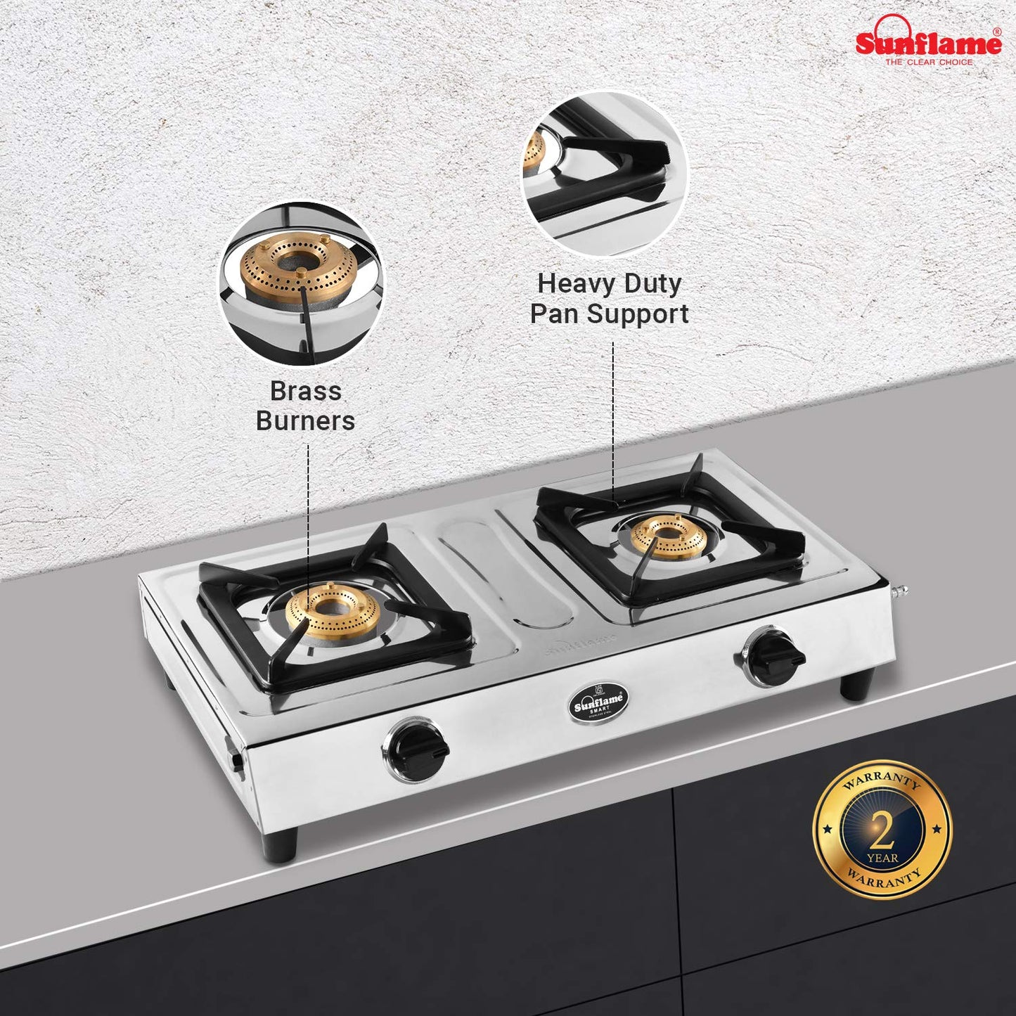 Sunflame 2B - Stainless Steel 2 Burner Gas Stove (Manual Ignition, 2 Brass Burners, Silver)